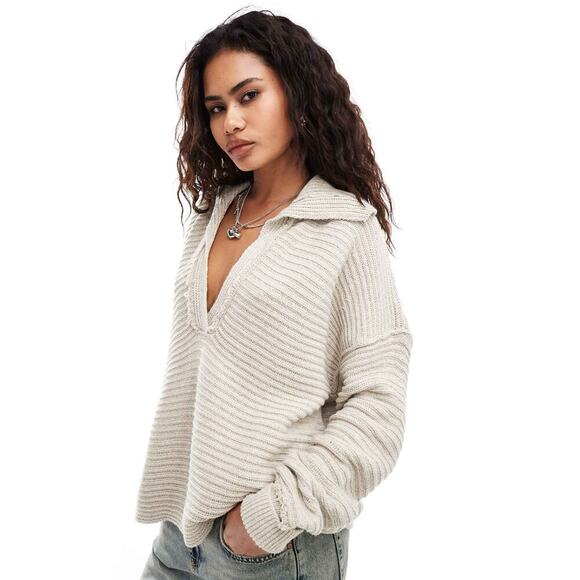 Free People Sweaters - Free People Marlie Deep Ribbed Sweater Size Small Cream Collared V Neck Relaxed